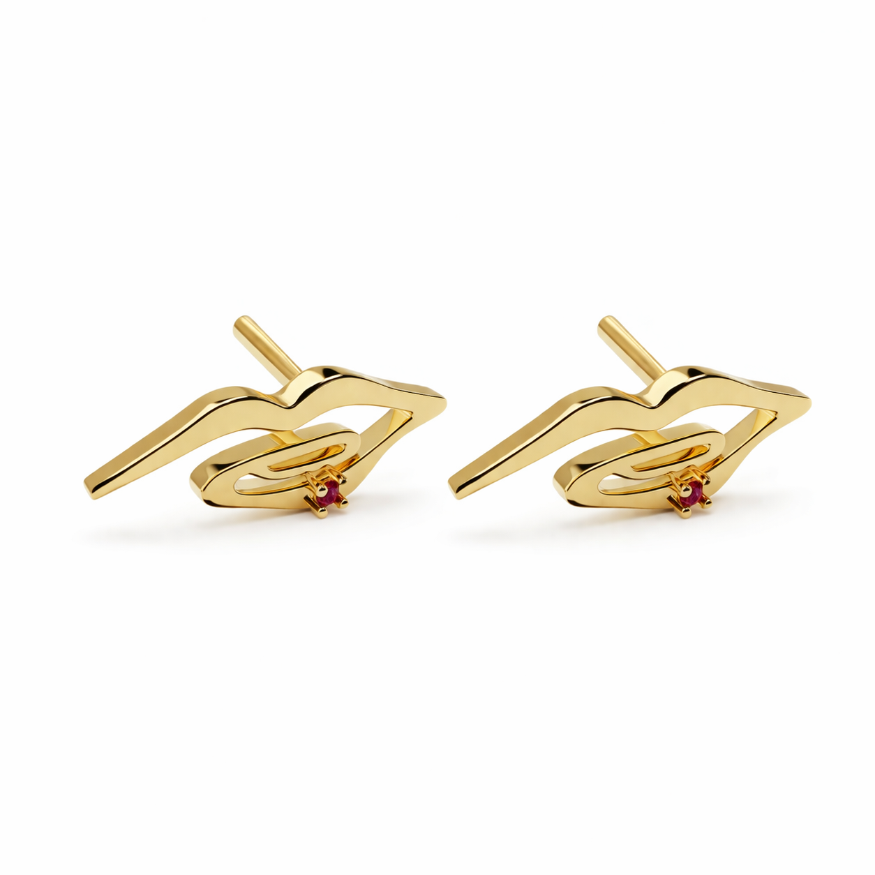 Gold lip-shaped mini stud earrings with red zircon stone, sculptural design by AGUDO Studio