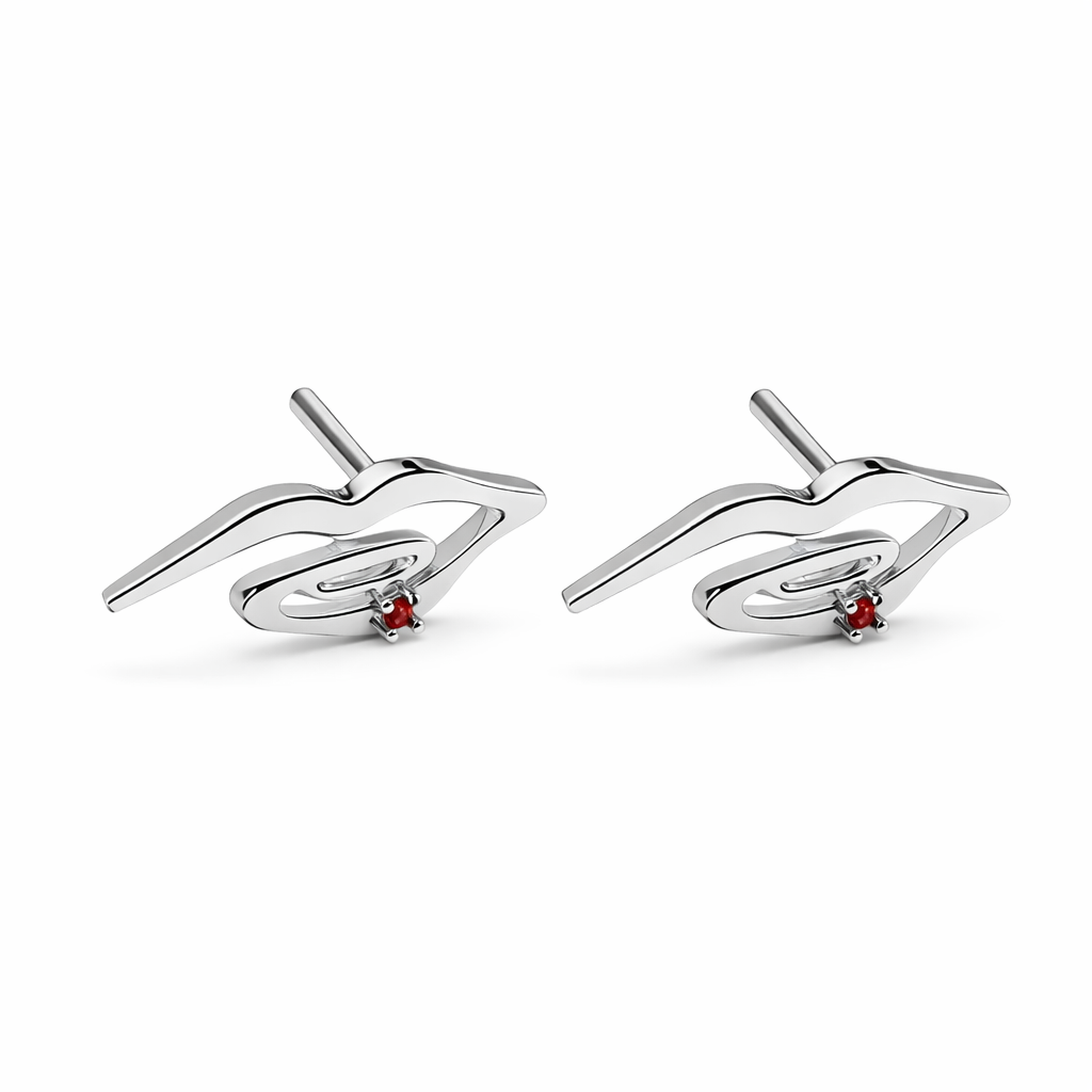 Silver lip-shaped mini stud earrings with red zircon stone, sculptural design by AGUDO Studio