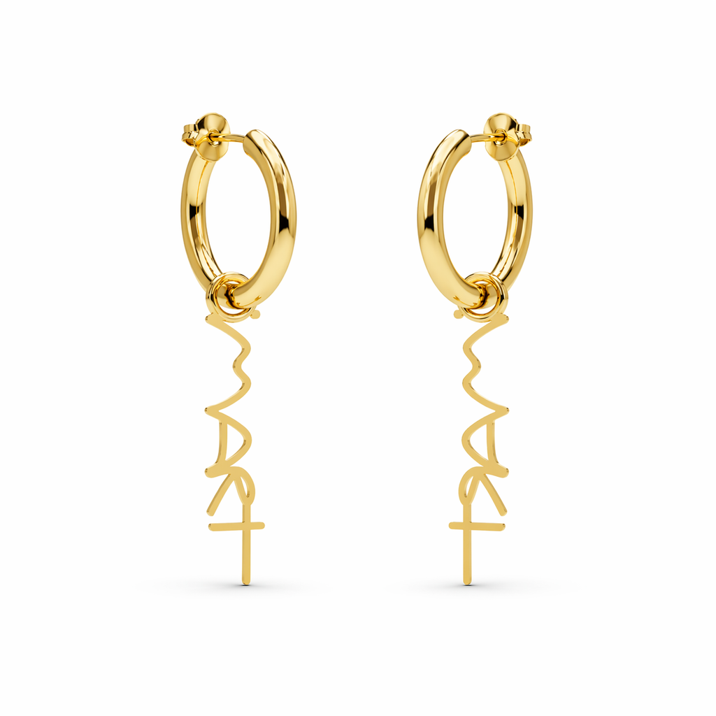 Gold hoop earrings with sculptural “IM ART” charm, minimal design by AGUDO Studio