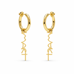Gold hoop earrings with sculptural “IM ART” charm, minimal design by AGUDO Studio