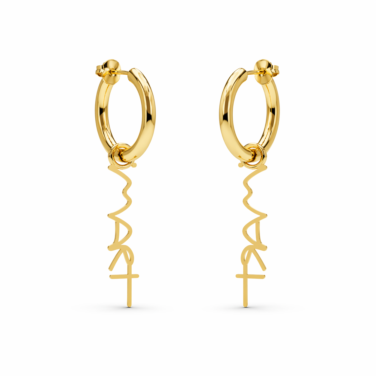 Gold hoop earrings with sculptural “IM ART” charm, minimal design by AGUDO Studio
