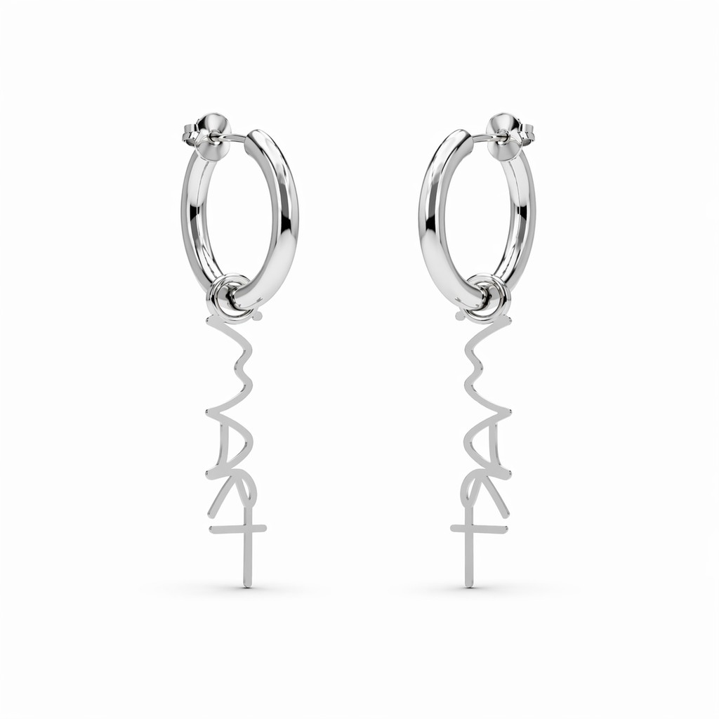 Silver hoop earrings with sculptural “IM ART” charm, minimal design by AGUDO Studio