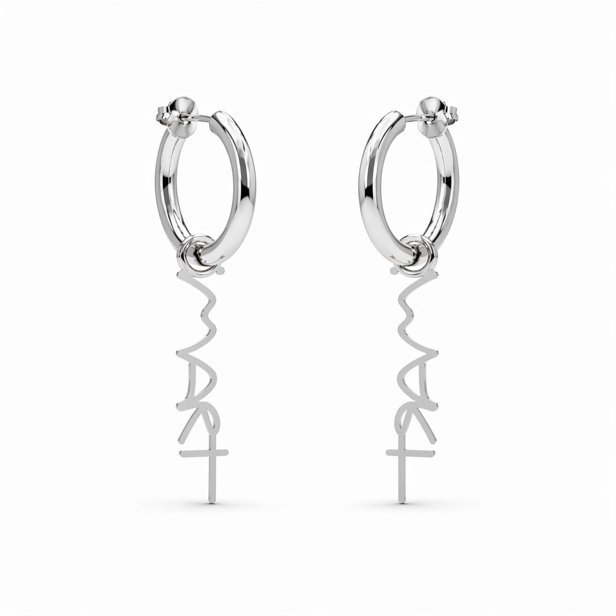 Silver hoop earrings with sculptural “IM ART” charm, minimal design by AGUDO Studio