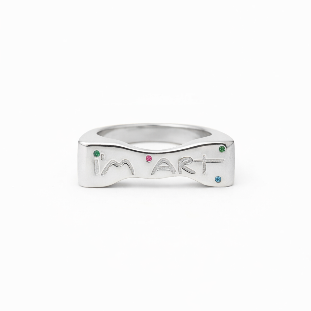 “I’M ART silver statement ring with engraved text and colored stones – AGUDO Studio