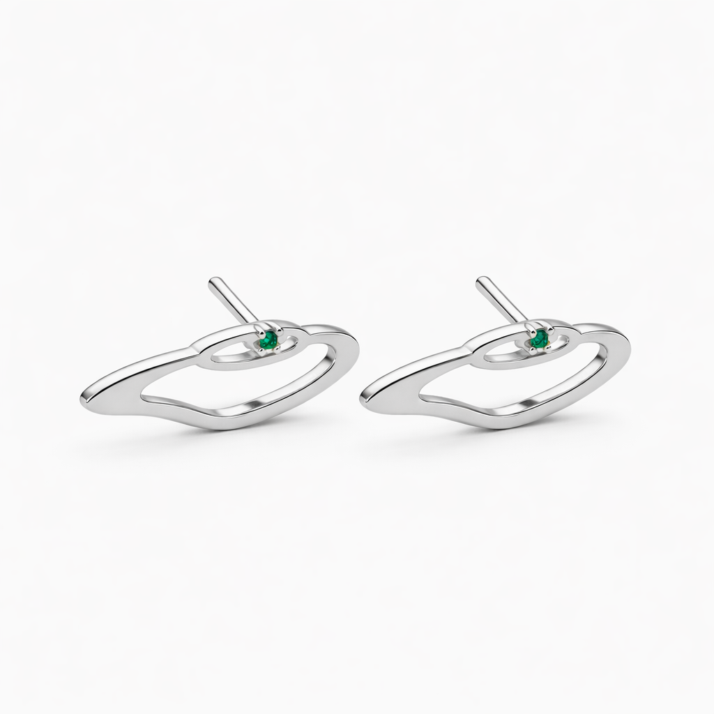 Gold mini eye stud earrings with green zircon stone, minimal design by AGUDO Studio